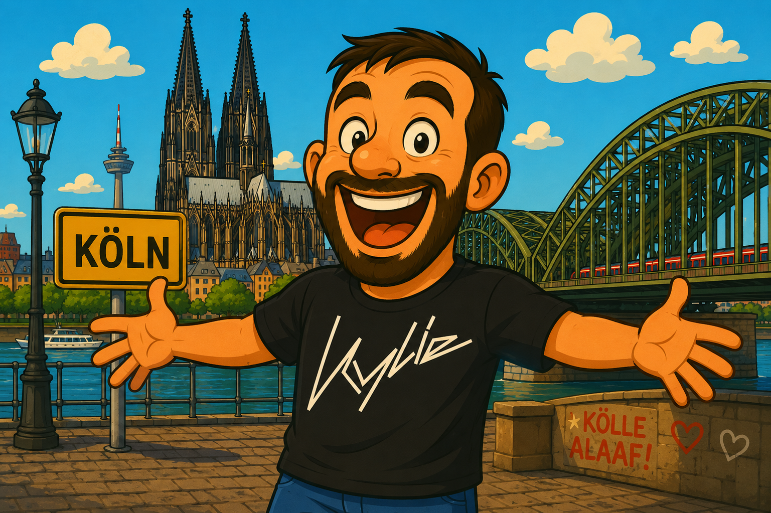 Cartoon of Tal in Cologne wearing a Kylie T-shirt